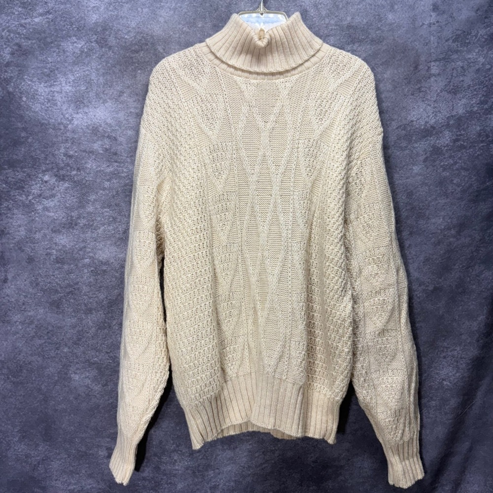VTG Robert Bruce Cream 100% Wool Cable Knit Turtleneck Fisherman Sweater Mens L